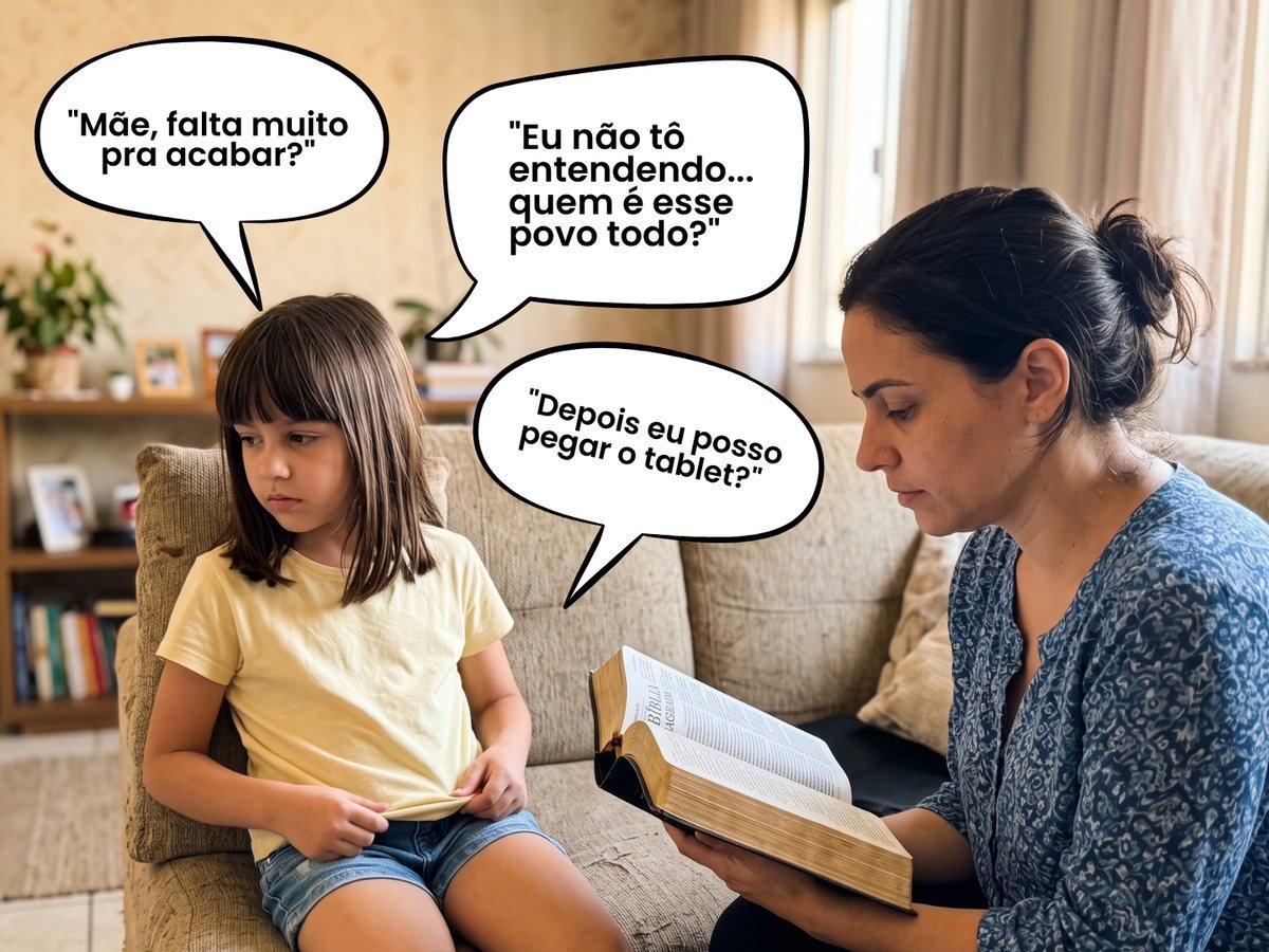Mãe lendo a Bíblia em voz alta enquanto a filha olha para o lado, com balões mostrando o que a criança está pensando